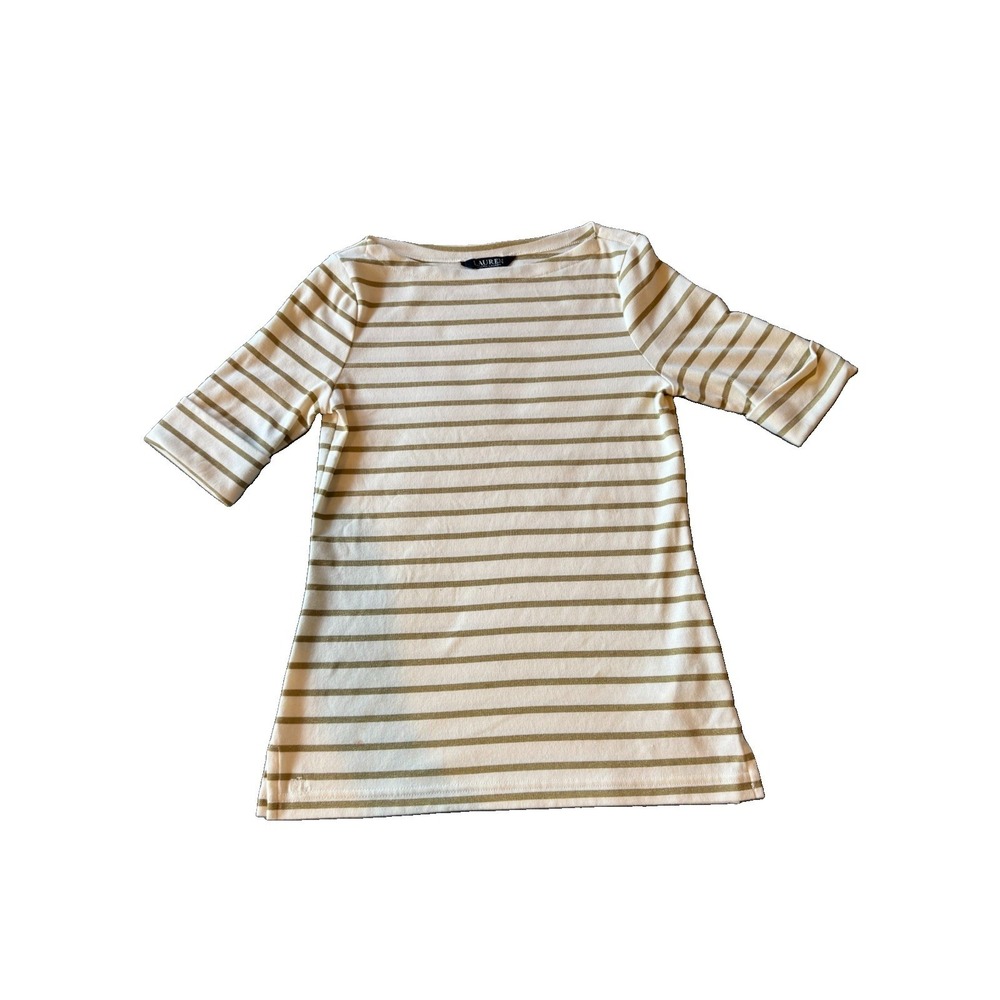 Lauren Ralph Lauren Judy Mid Sleeve Striped Top Women's Small Gold White Boat